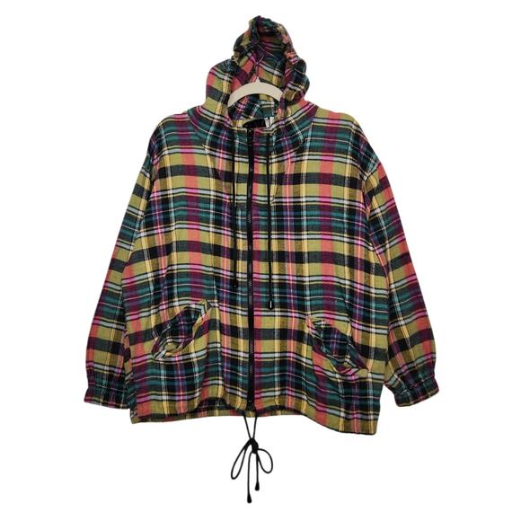 Vintage 90s Plaid Zip Hoodie Flannel Sweatshirt Top Small Fall Autumn Grunge - Picture 1 of 6